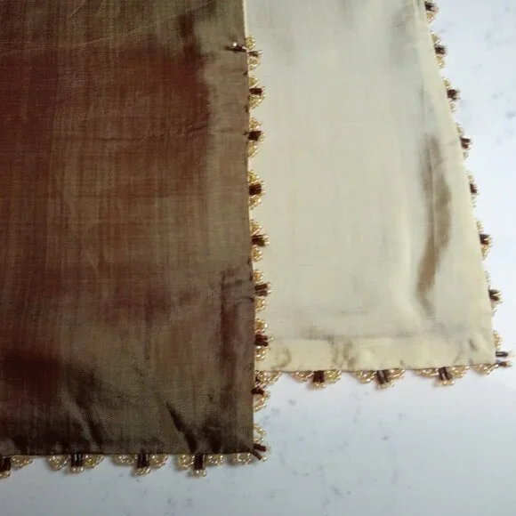 Double-Sided Brown/Beige Beaded Silk Oblong Scarf